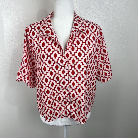 Shade & Shore Button Down Shirt Women Large Red White Graphic Short Sleeve Top - Picture 13 of 13